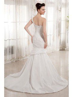 Satin One-Shoulder Court Train Mermaid Wedding Dress with Ruffle