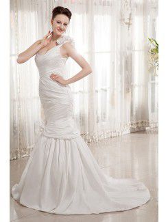 Satin One-Shoulder Court Train Mermaid Wedding Dress with Ruffle