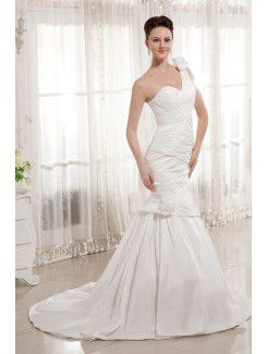 Satin One-Shoulder Court Train Mermaid Wedding Dress with Ruffle