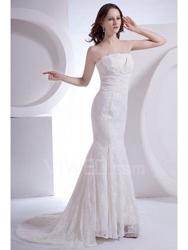 Chiffon Strapless Court Train Sheath Wedding Dress with Lace Jacket