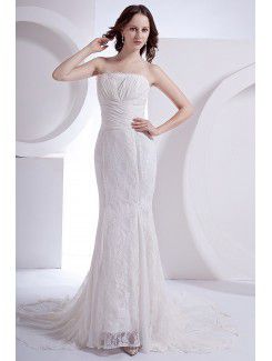 Chiffon Strapless Court Train Sheath Wedding Dress with Lace Jacket