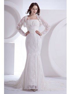 Chiffon Strapless Court Train Sheath Wedding Dress with Lace Jacket