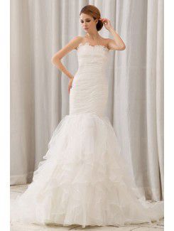 Organza sweetheart corte dei treni sirena abito da sposa con volant