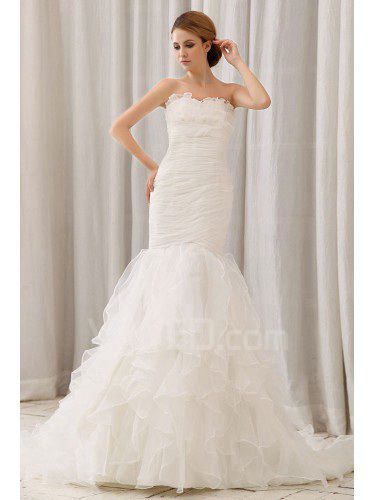 Organza sweetheart corte dei treni sirena abito da sposa con volant