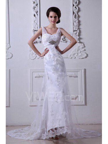 Satin and Tulle Straps Court Train Sheath Wedding Dress with Embroidered