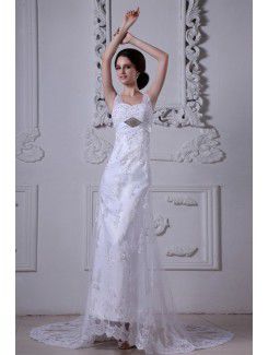 Satin and Tulle Straps Court Train Sheath Wedding Dress with Embroidered