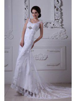 Satin and Tulle Straps Court Train Sheath Wedding Dress with Embroidered