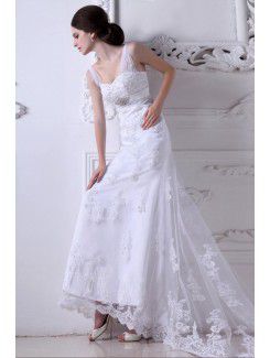 Satin and Tulle Straps Court Train Sheath Wedding Dress with Embroidered