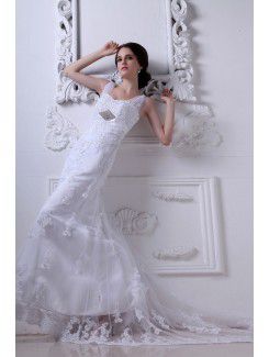 Satin and Tulle Straps Court Train Sheath Wedding Dress with Embroidered