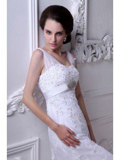 Satin and Tulle Straps Court Train Sheath Wedding Dress with Embroidered