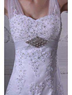 Satin and Tulle Straps Court Train Sheath Wedding Dress with Embroidered