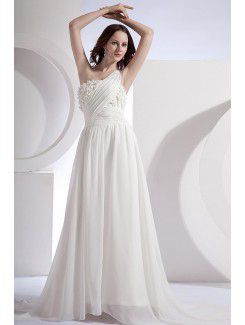 Chiffon and Satin One-Shoulder Sweep Train A-Line Wedding Dress with Flowers