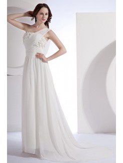 Chiffon and Satin One-Shoulder Sweep Train A-Line Wedding Dress with Flowers