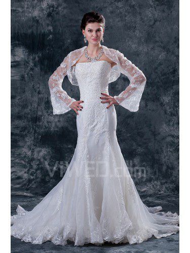 Pizzo sweetheart cappella treno abito da sposa sirena con giacca