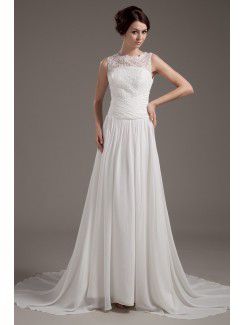 Satin and Lace Bateau Sweep Train A-Line Wedding Dress