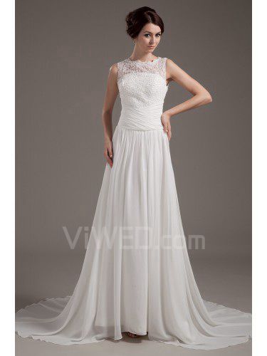 Satin and Lace Bateau Sweep Train A-Line Wedding Dress