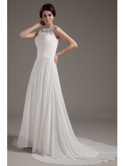 Satin and Lace Bateau Sweep Train A-Line Wedding Dress