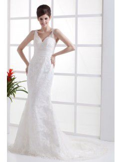 Lace V-Neckline Sweep Train Mermaid Wedding Dress with Embroidered