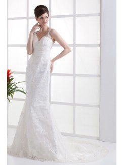 Lace V-Neckline Sweep Train Mermaid Wedding Dress with Embroidered