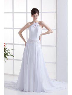 Chiffon Halter Chapel Train A-Line Wedding Dress with Embroidered