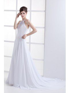 Chiffon Halter Chapel Train A-Line Wedding Dress with Embroidered