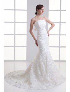 Satin and Net Strapless Mermaid Sweep Train Embroidered Wedding Dress