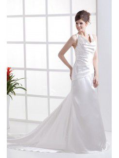 Charmeuse Straps Chapel Train A-Line Wedding Dress with Embroidered Ruffle