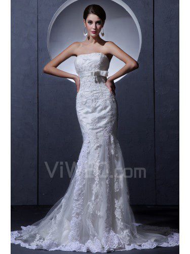 Tulle senza spalline corte treno sirena abito da sposa con ricamo