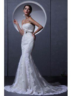 Tulle Strapless Court Train Mermaid Wedding Dress with Embroidered