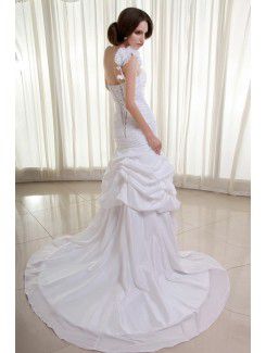 Taffeta One-Shoulder Cathedral Train Mermaid Wedding Dress with Ruffle