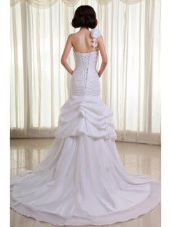 Taffeta One-Shoulder Cathedral Train Mermaid Wedding Dress with Ruffle