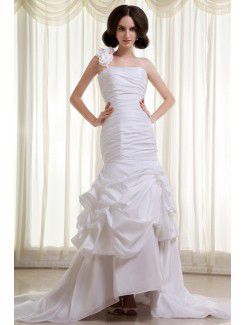 Taffeta One-Shoulder Cathedral Train Mermaid Wedding Dress with Ruffle