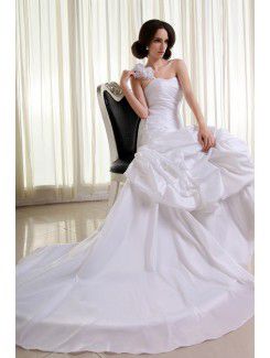 Taffeta One-Shoulder Cathedral Train Mermaid Wedding Dress with Ruffle