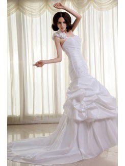 Taffeta One-Shoulder Cathedral Train Mermaid Wedding Dress with Ruffle