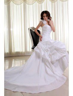 Taffeta One-Shoulder Cathedral Train Mermaid Wedding Dress with Ruffle