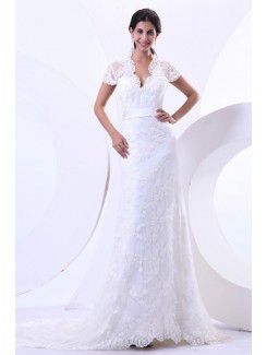 Lace V-Neckline Court Train Sheath Wedding Dress with Cap-Sleeves