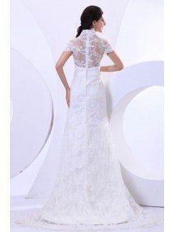 Lace V-Neckline Court Train Sheath Wedding Dress with Cap-Sleeves