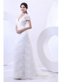 Lace V-Neckline Court Train Sheath Wedding Dress with Cap-Sleeves