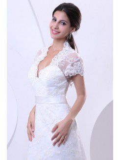 Lace V-Neckline Court Train Sheath Wedding Dress with Cap-Sleeves