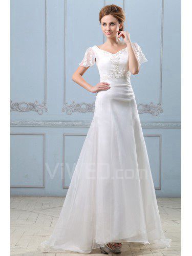 Satin Organza V-Neckline Sweep Train A-Line Wedding Dress with Embroidered and Cap-Sleeves