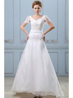 Satin Organza V-Neckline Sweep Train A-Line Wedding Dress with Embroidered and Cap-Sleeves