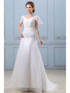 Satin Organza V-Neckline Sweep Train A-Line Wedding Dress with Embroidered and Cap-Sleeves