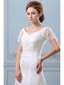 Satin Organza V-Neckline Sweep Train A-Line Wedding Dress with Embroidered and Cap-Sleeves