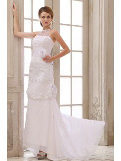 Chiffon and Lace Halter Sweep Train Sheath Wedding Dress