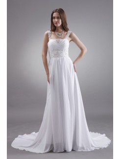 Satin and Chiffon Square Court Train Column Wedding Dress with Sequins