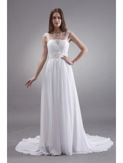 Satin and Chiffon Square Court Train Column Wedding Dress with Sequins