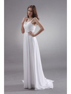 Satin and Chiffon Square Court Train Column Wedding Dress with Sequins