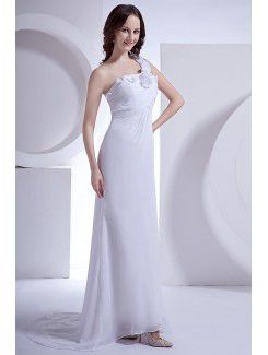 Chiffon One-Shoulder Sweep Train Sheath Wedding Dress