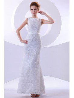 Satin Bateau Ankle-Length Mermaid Wedding Dress with Embroidered