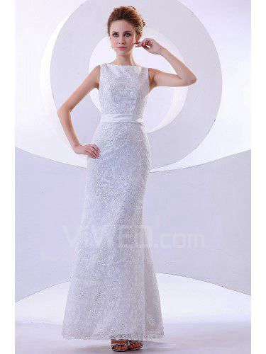 Satin Bateau Ankle-Length Mermaid Wedding Dress with Embroidered